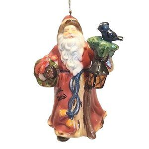 Vintage Glazed Ceramic Santa Claus With Bird Wreath Ornament Signed Quebec 2000